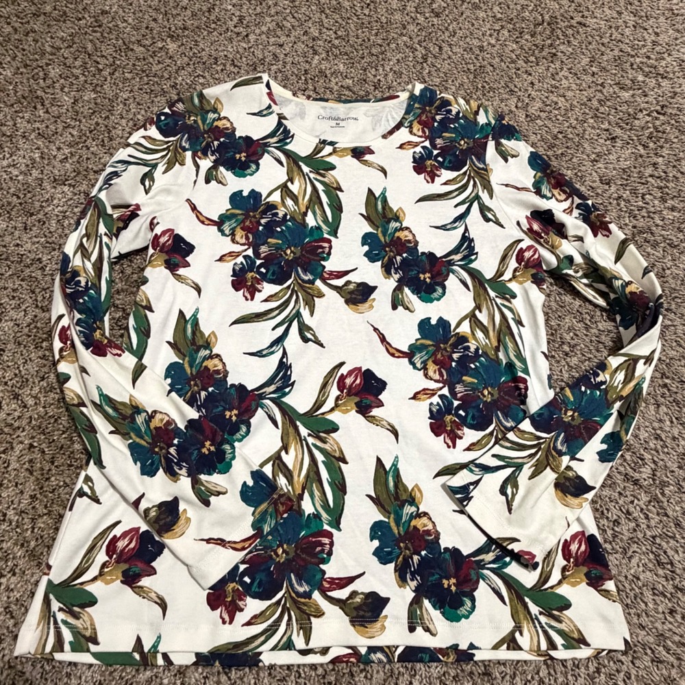 Croft & Barrow Womens M Floral Long Sleeve Cotton Tee White Teal Burgundy Top